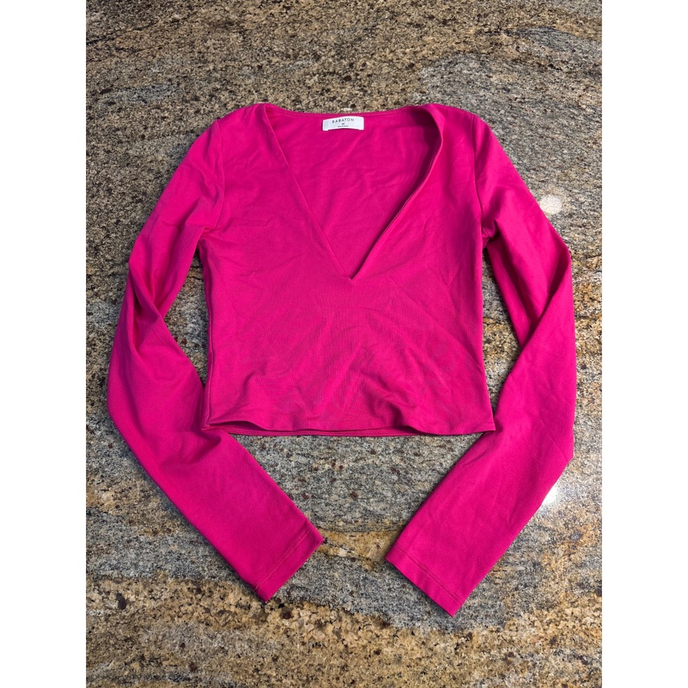 Babaton Aritzia Hot Pink Deep‎ V Neck Long Sleeve Crop Top XS 92130
